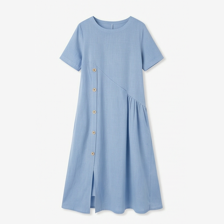 Cotton-Linen Asymmetric Button Midi Dress — View 9 | Clova