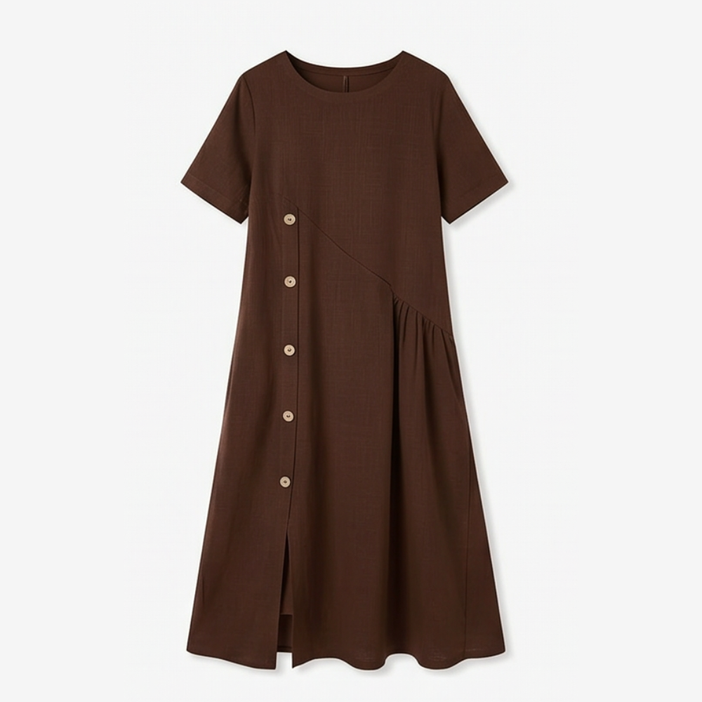 Cotton-Linen Asymmetric Button Midi Dress — View 10 | Clova