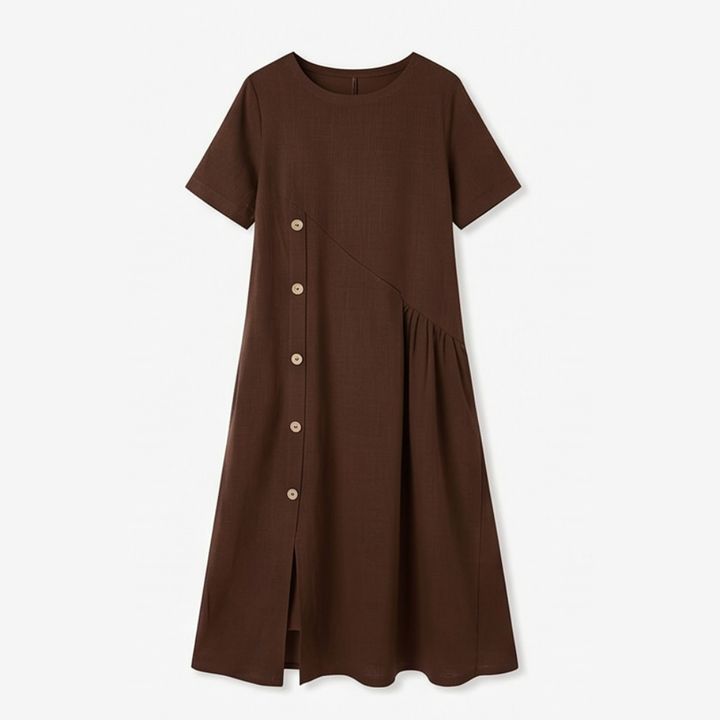 Cotton-Linen Asymmetric Button Midi Dress — View 10 | Clova