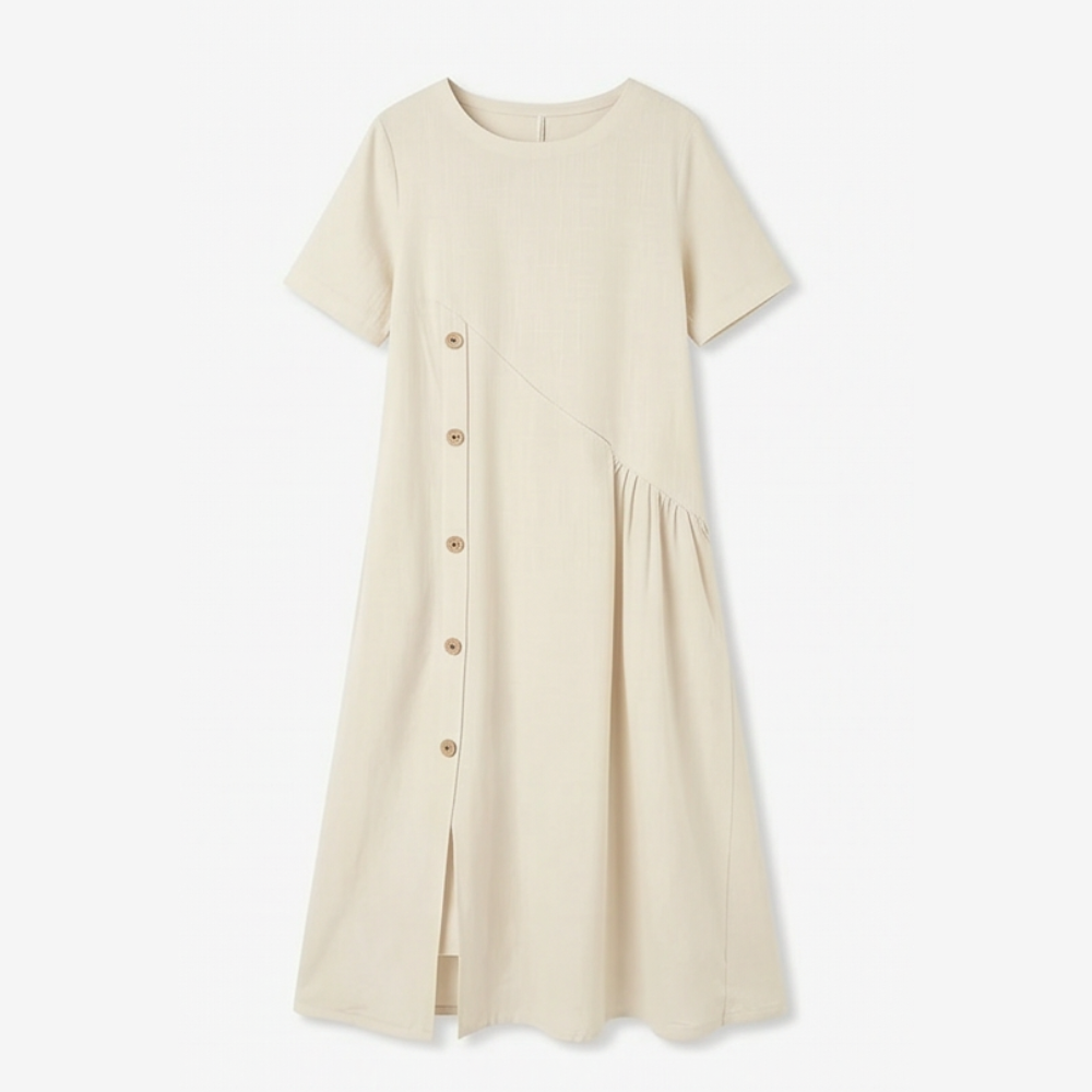 Cotton-Linen Asymmetric Button Midi Dress — View 11 | Clova