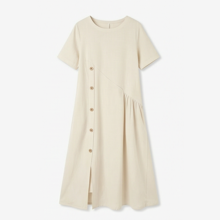 Cotton-Linen Asymmetric Button Midi Dress — View 11 | Clova
