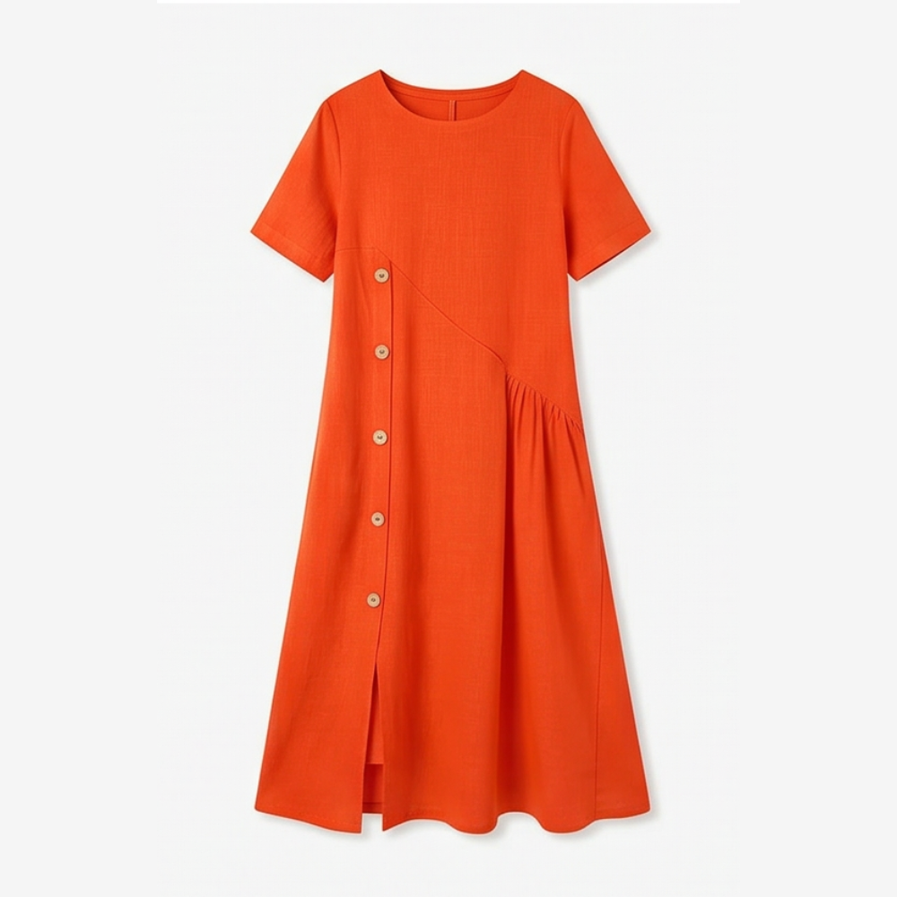 Cotton-Linen Asymmetric Button Midi Dress — View 12 | Clova