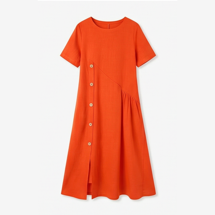 Cotton-Linen Asymmetric Button Midi Dress — View 12 | Clova