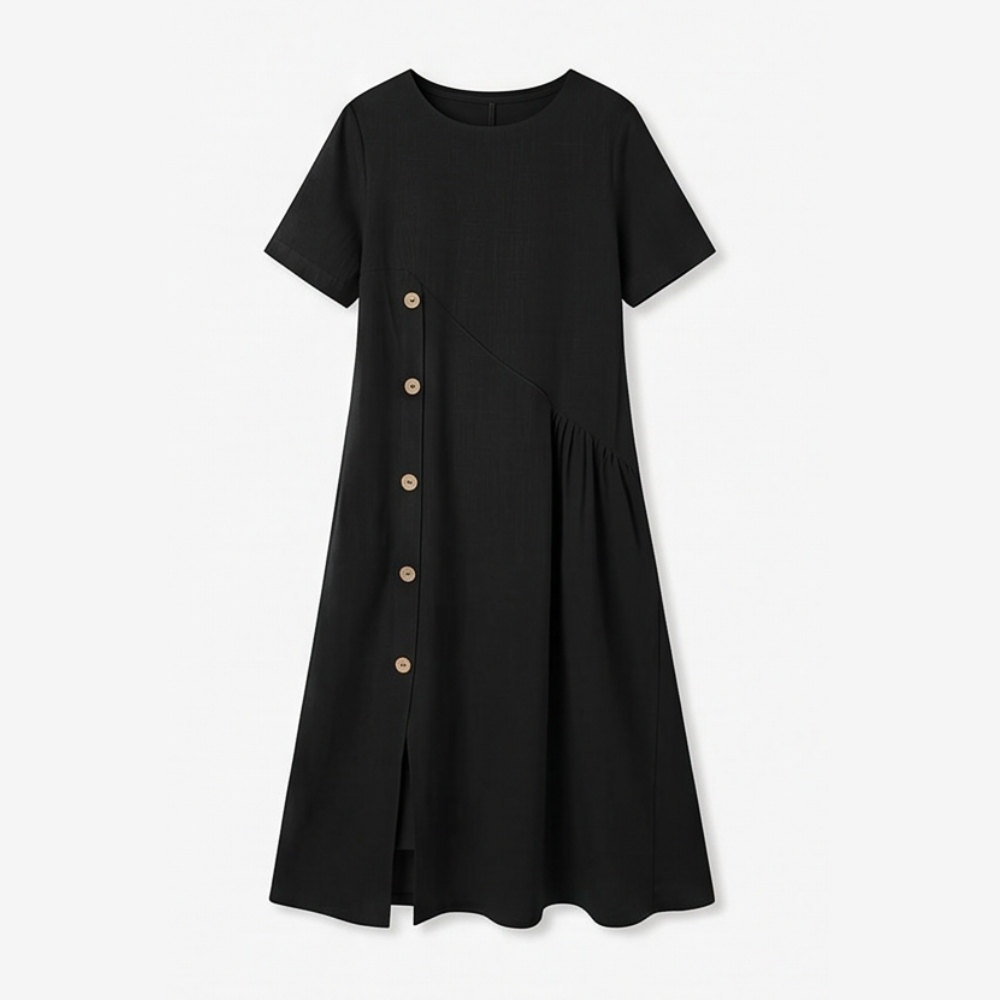 Cotton-Linen Asymmetric Button Midi Dress — View 13 | Clova