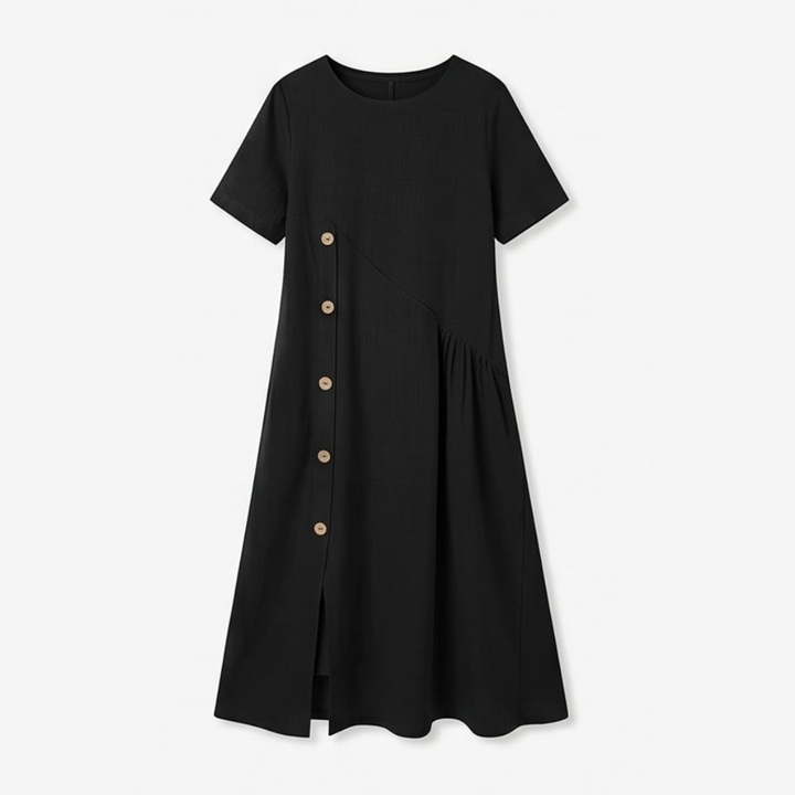 Cotton-Linen Asymmetric Button Midi Dress — View 13 | Clova