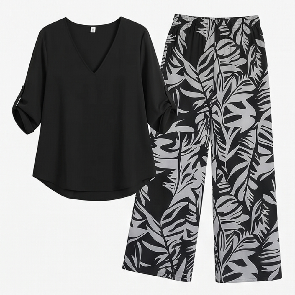 V-Neck Top & Leaf-Print Wide-Leg Pants Set — View 17 | Clova