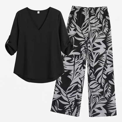 V-Neck Top & Leaf-Print Wide-Leg Pants Set — View 17 | Clova