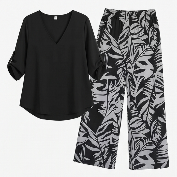 V-Neck Top &amp; Leaf-Print Wide-Leg Pants Set — View 17 | Clova