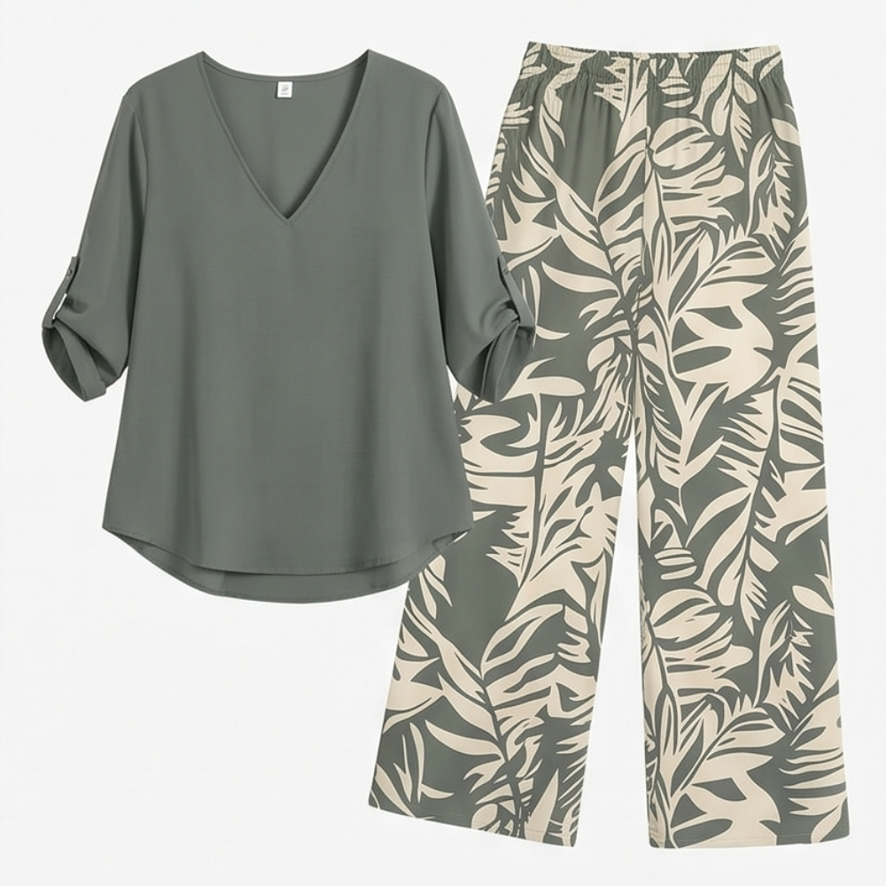 V-Neck Top &amp; Leaf-Print Wide-Leg Pants Set — View 18 | Clova