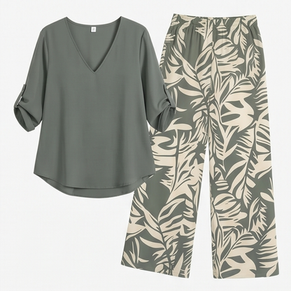 V-Neck Top & Leaf-Print Wide-Leg Pants Set — View 18 | Clova