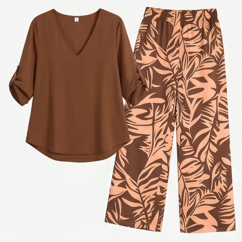 V-Neck Top & Leaf-Print Wide-Leg Pants Set — View 20 | Clova