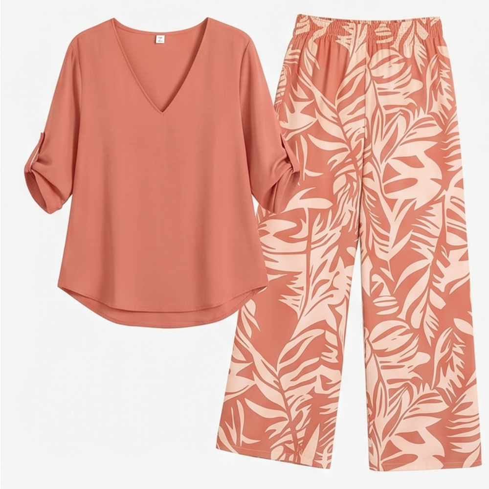V-Neck Top & Leaf-Print Wide-Leg Pants Set — View 21 | Clova