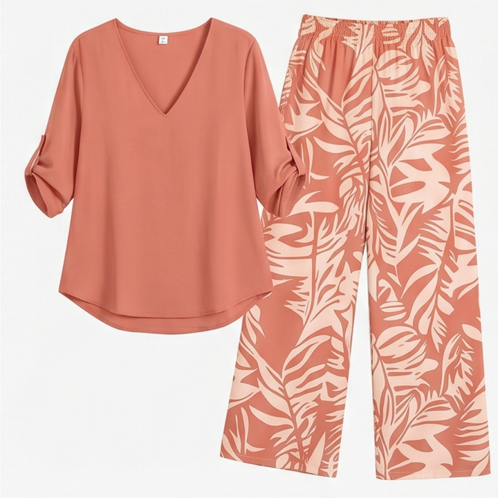 V-Neck Top &amp; Leaf-Print Wide-Leg Pants Set — View 21 | Clova