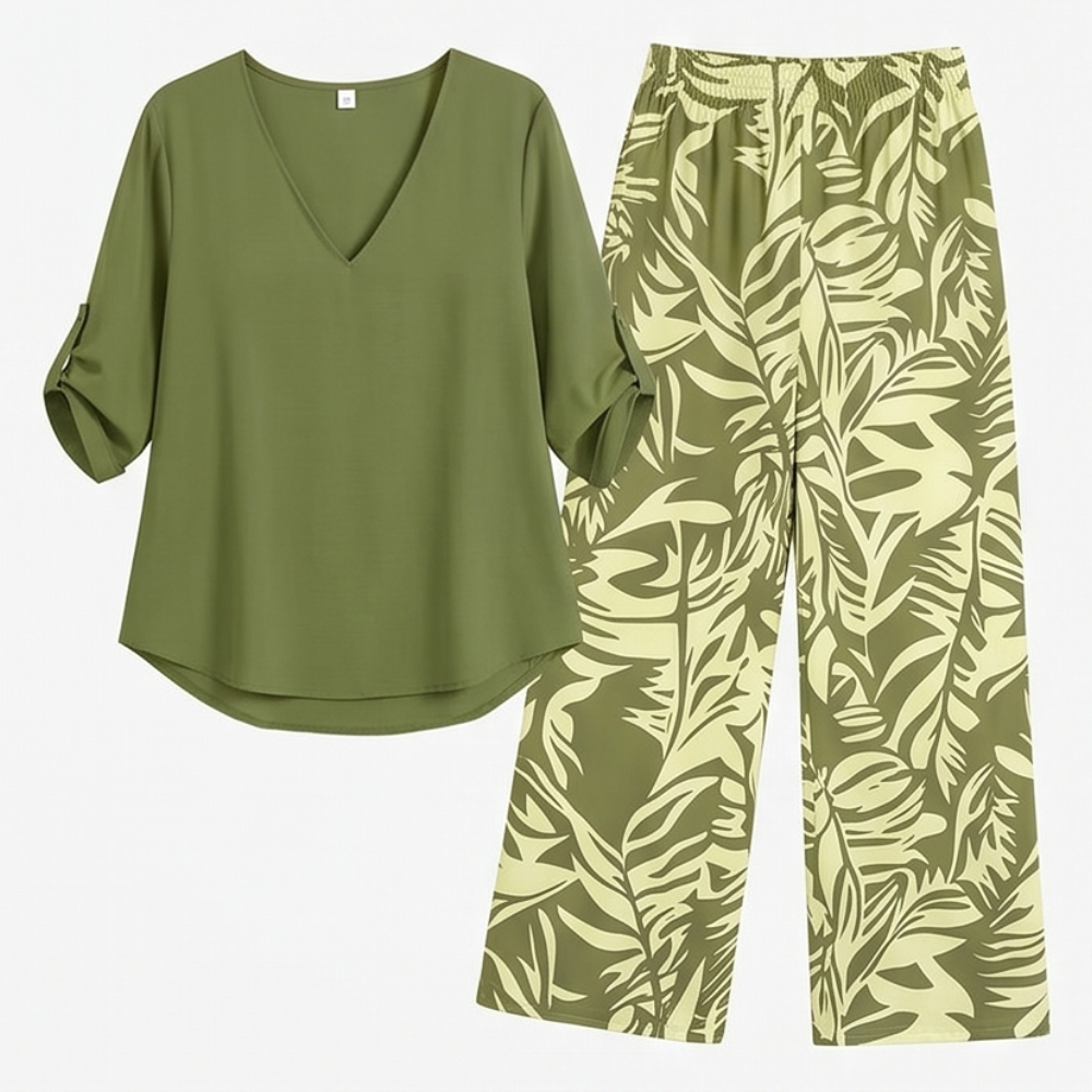 V-Neck Top & Leaf-Print Wide-Leg Pants Set — View 19 | Clova