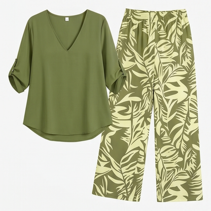 V-Neck Top & Leaf-Print Wide-Leg Pants Set — View 19 | Clova