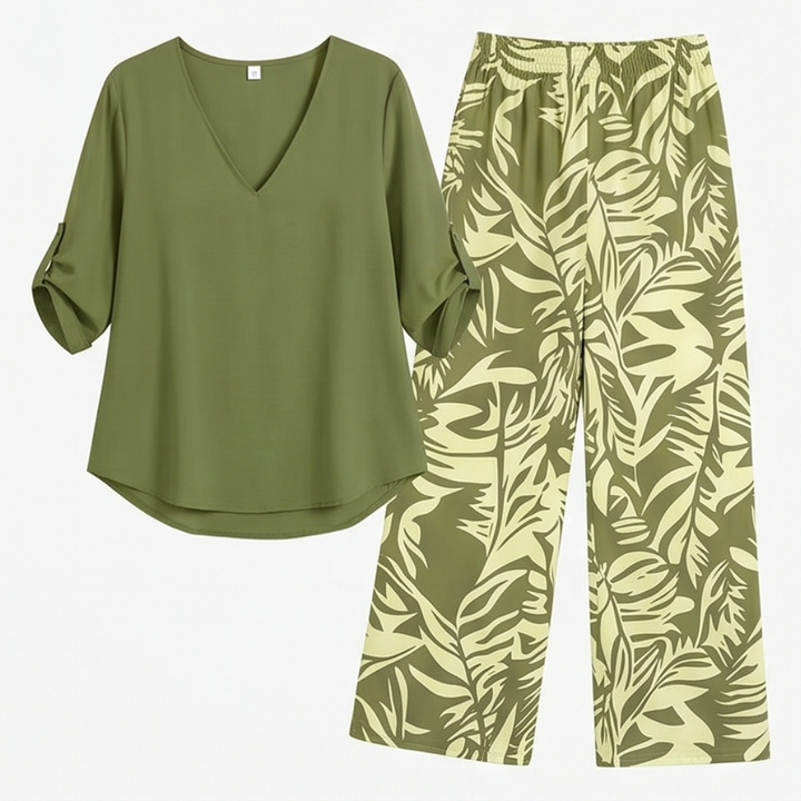 V-Neck Top &amp; Leaf-Print Wide-Leg Pants Set — View 19 | Clova