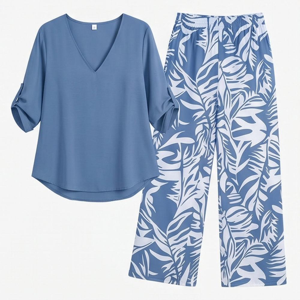 V-Neck Top &amp; Leaf-Print Wide-Leg Pants Set — View 22 | Clova