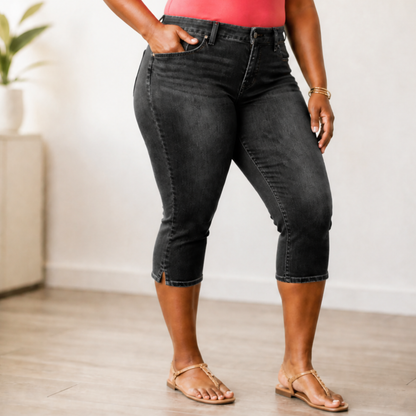 Flattering High-Waist Stretch Denim Capris — View 11 | Clova