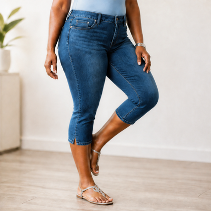 Flattering High-Waist Stretch Denim Capris — View 14 | Clova