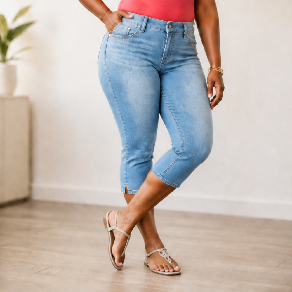 Flattering High-Waist Stretch Denim Capris — View 12 | Clova