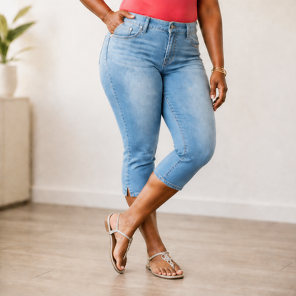 Flattering High-Waist Stretch Denim Capris — View 12 | Clova
