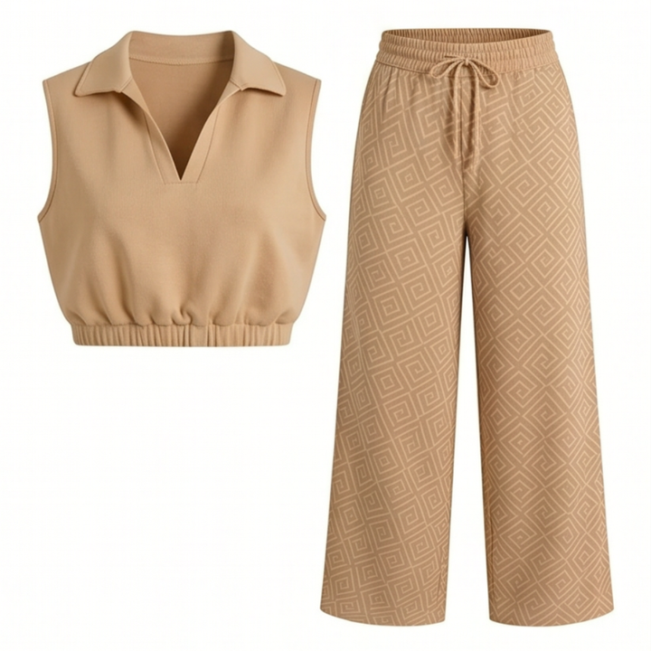 Collared Two-Piece Set with Drawstring Wide-Leg Pants — View 13 | Clova