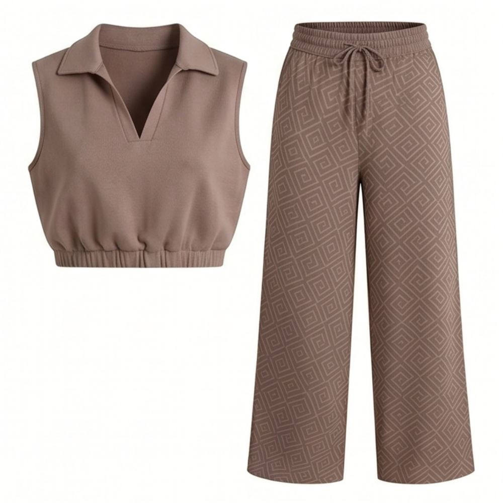 Collared Two-Piece Set with Drawstring Wide-Leg Pants — View 14 | Clova