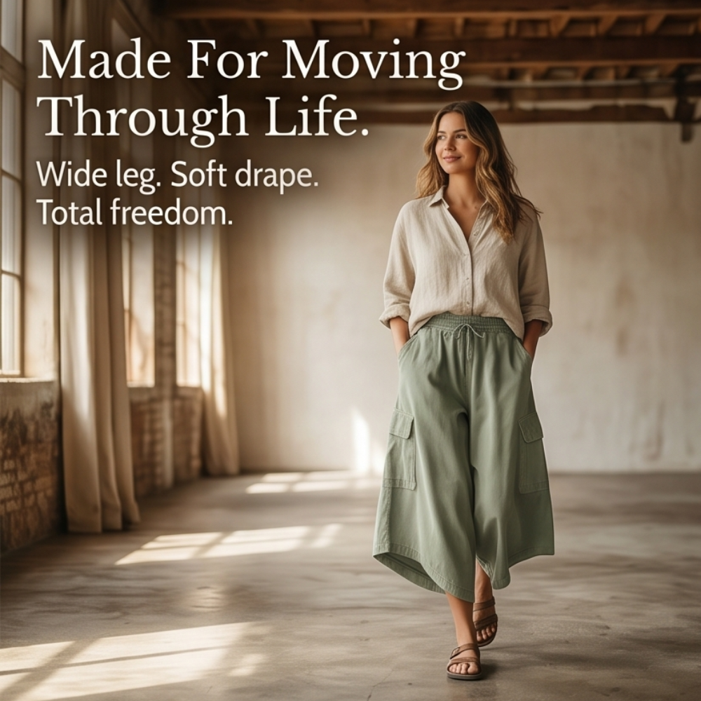 Wide-Leg Cargo Culottes with Asymmetric Hem — View 8 | Clova