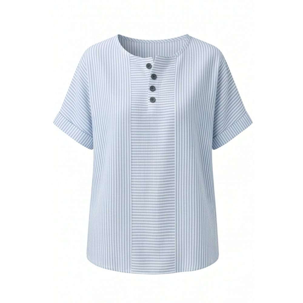 Striped Henley Top with Slimming Stripe Panel — View 11 | Clova