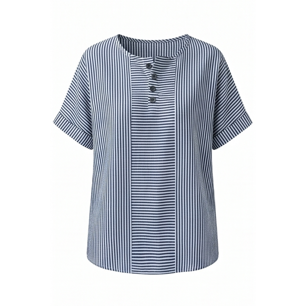 Striped Henley Top with Slimming Stripe Panel — View 12 | Clova