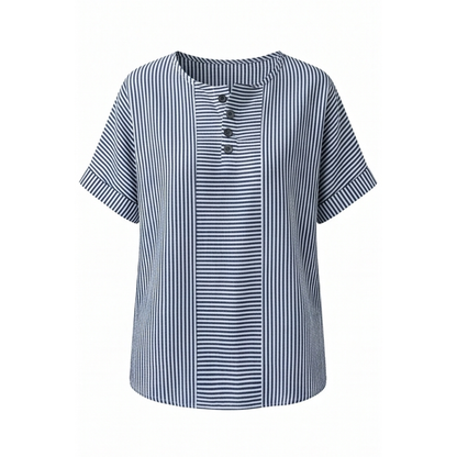 Striped Henley Top with Slimming Stripe Panel — View 12 | Clova