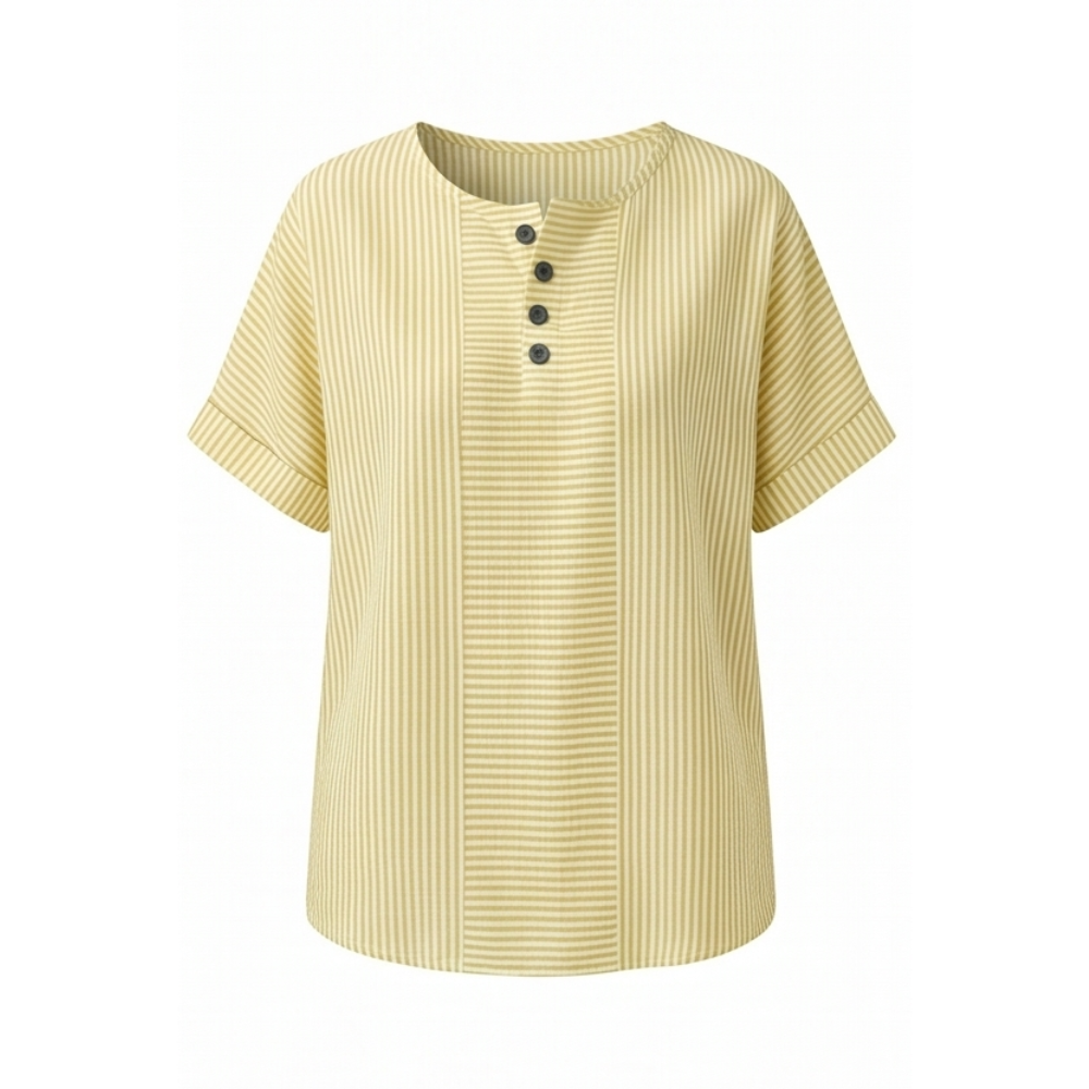 Striped Henley Top with Slimming Stripe Panel — View 13 | Clova