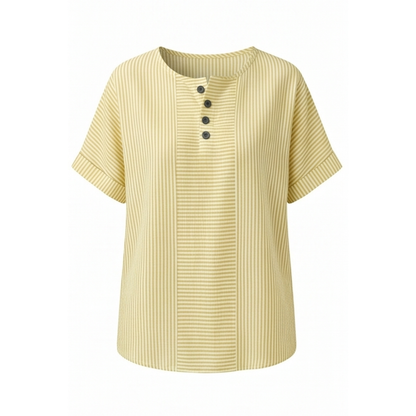 Striped Henley Top with Slimming Stripe Panel — View 13 | Clova