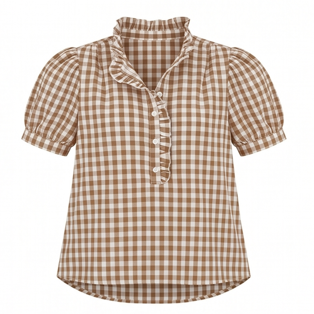 Brindle Puff Sleeve Gingham Top with Ruffle Placket — View 14 | Clova