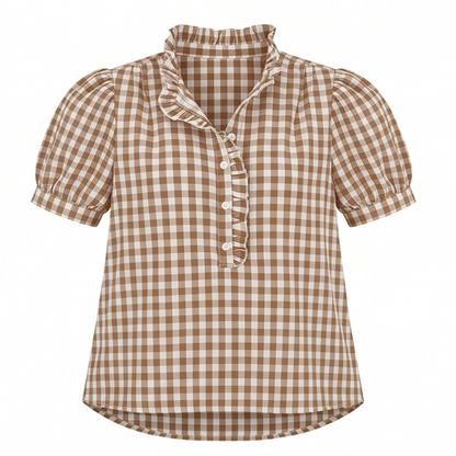 Brindle Puff Sleeve Gingham Top with Ruffle Placket — View 14 | Clova