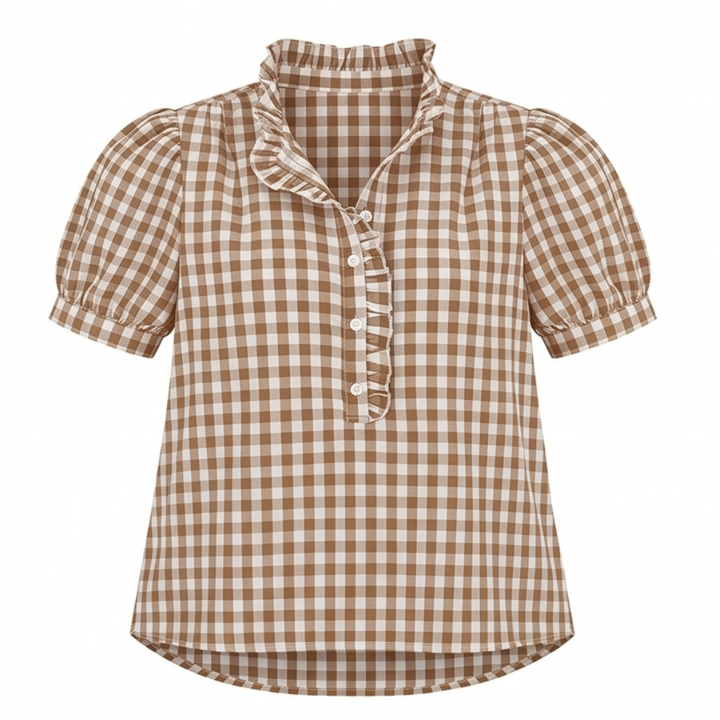 Brindle Puff Sleeve Gingham Top with Ruffle Placket — View 14 | Clova