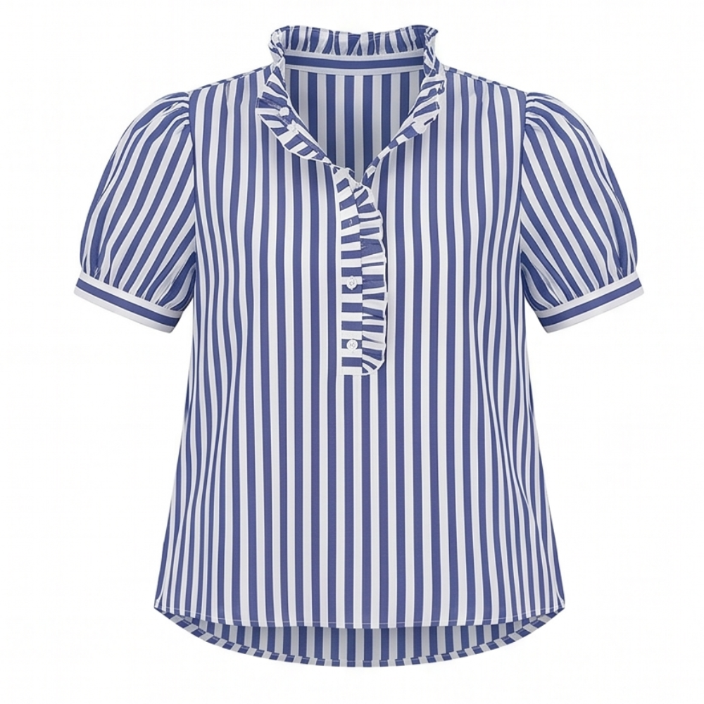 Brindle Puff Sleeve Gingham Top with Ruffle Placket — View 11 | Clova