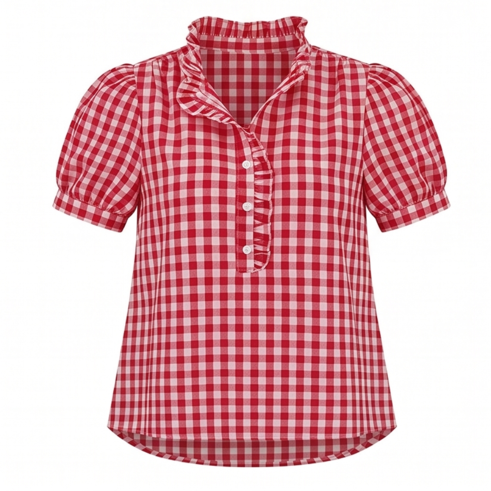 Brindle Puff Sleeve Gingham Top with Ruffle Placket — View 13 | Clova