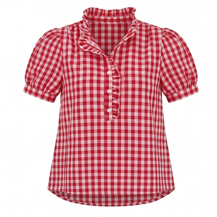 Brindle Puff Sleeve Gingham Top with Ruffle Placket — View 13 | Clova