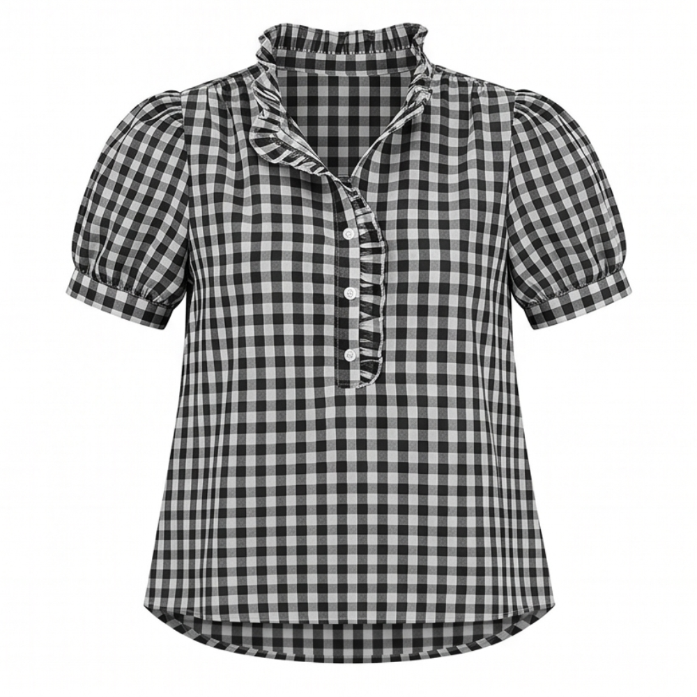 Brindle Puff Sleeve Gingham Top with Ruffle Placket — View 12 | Clova