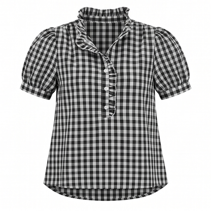 Brindle Puff Sleeve Gingham Top with Ruffle Placket — View 12 | Clova