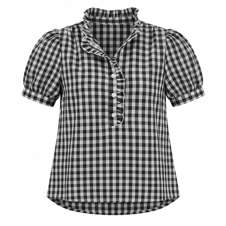 Brindle Puff Sleeve Gingham Top with Ruffle Placket — View 12 | Clova