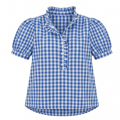Brindle Puff Sleeve Gingham Top with Ruffle Placket — View 10 | Clova
