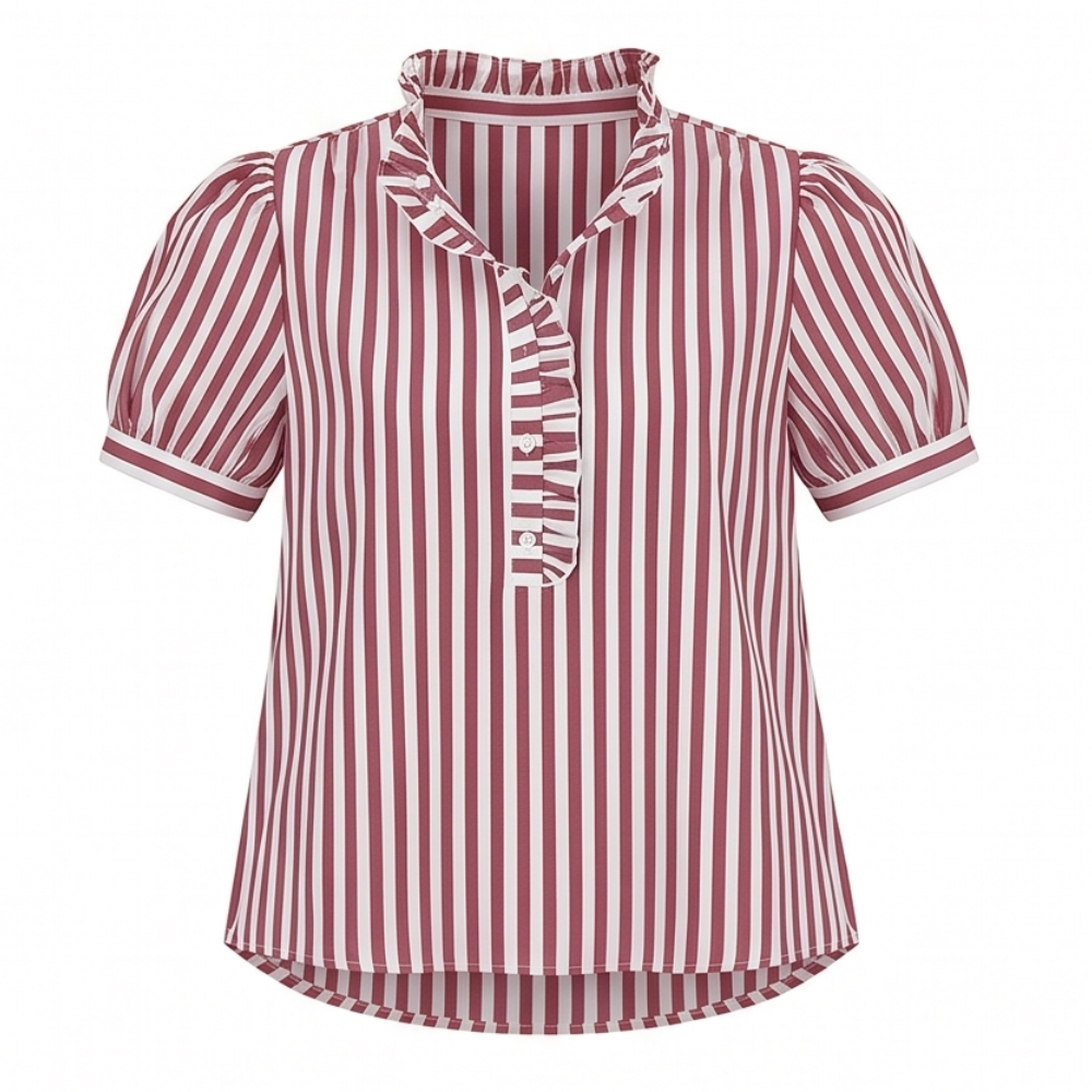 Brindle Puff Sleeve Gingham Top with Ruffle Placket — View 15 | Clova