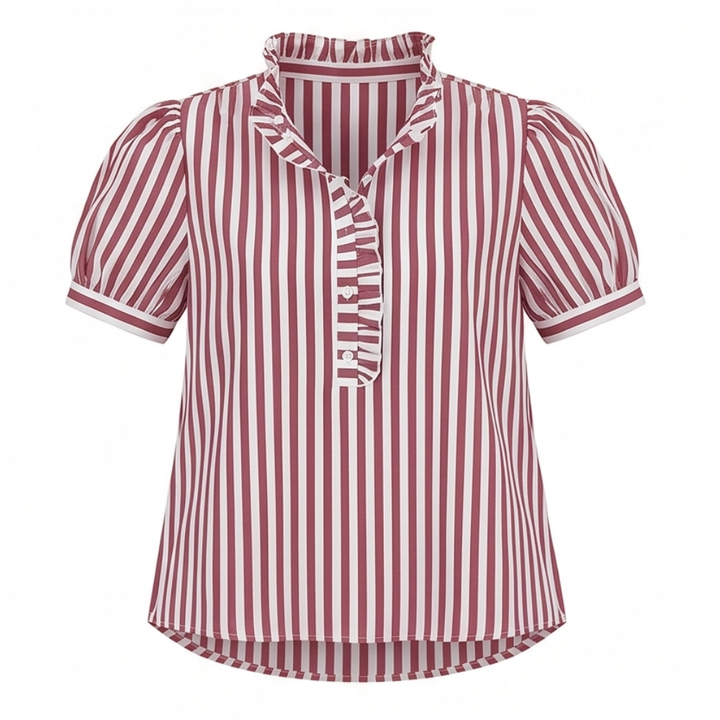 Brindle Puff Sleeve Gingham Top with Ruffle Placket — View 15 | Clova