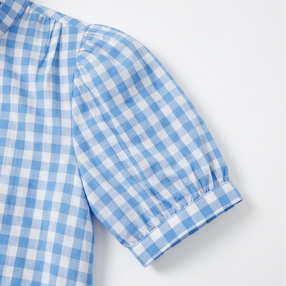 Brindle Puff Sleeve Gingham Top with Ruffle Placket — View 7 | Clova