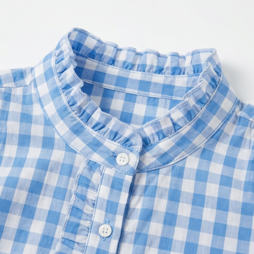 Brindle Puff Sleeve Gingham Top with Ruffle Placket — View 8 | Clova