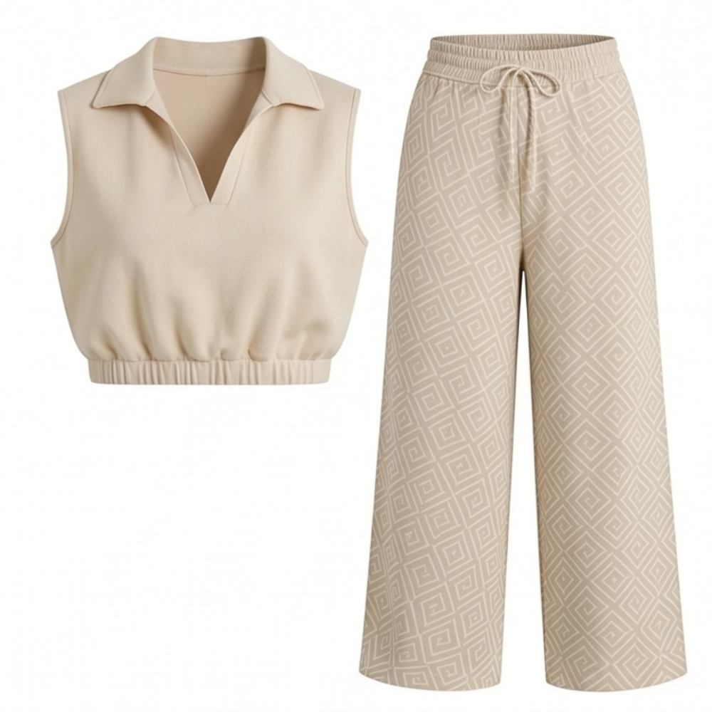 Collared Two-Piece Set with Drawstring Wide-Leg Pants — View 11 | Clova