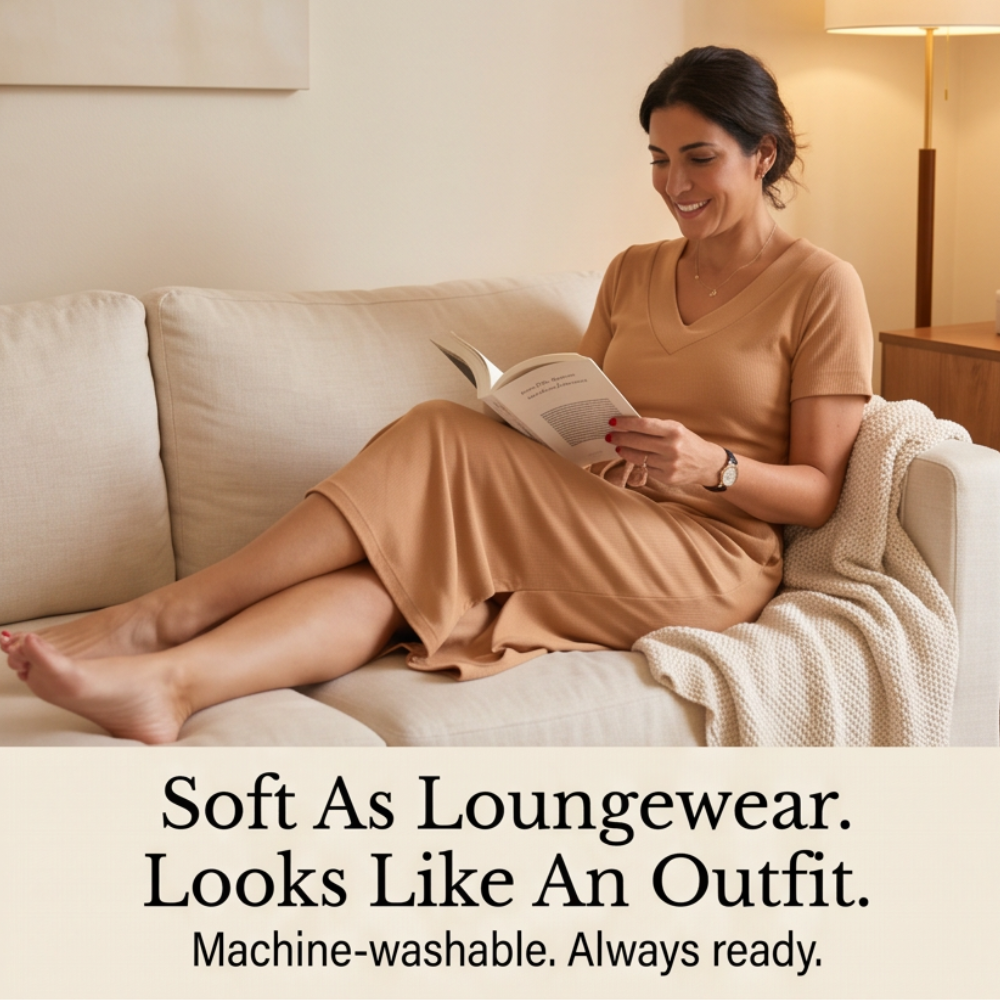 Ribbed V-Neck Top and Midi Skirt Set — View 7 | Clova