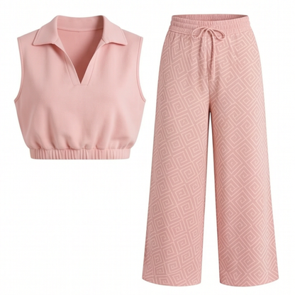 Collared Two-Piece Set with Drawstring Wide-Leg Pants — View 12 | Clova